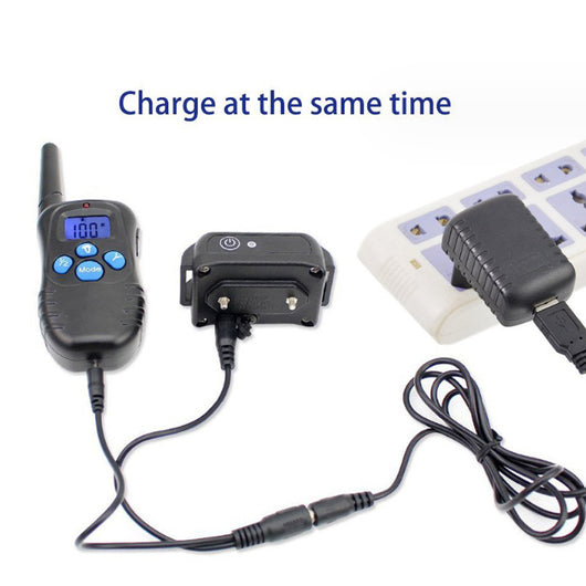 Black remote control dog trainer with blue LCD screen, alongside one black and one orange training collar. - Image 9