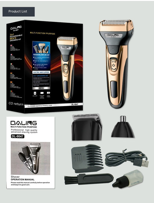 Gold and black three-in-one electric shaver with foil head, hair clipper, nose trimmer, and accessories. - Image 6