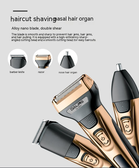 Gold and black three-in-one electric shaver with foil head, hair clipper, nose trimmer, and accessories. - Image 7
