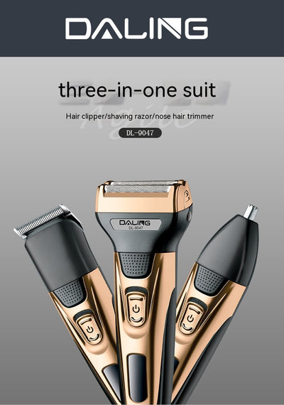 Gold and black three-in-one electric shaver with foil head, hair clipper, nose trimmer, and accessories. - Image 8