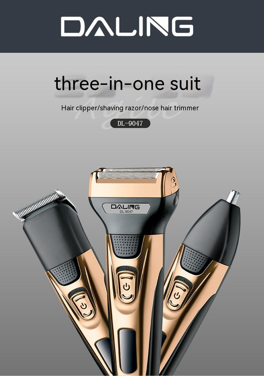 Gold and black three-in-one electric shaver with foil head, hair clipper, nose trimmer, and accessories. - Image 8