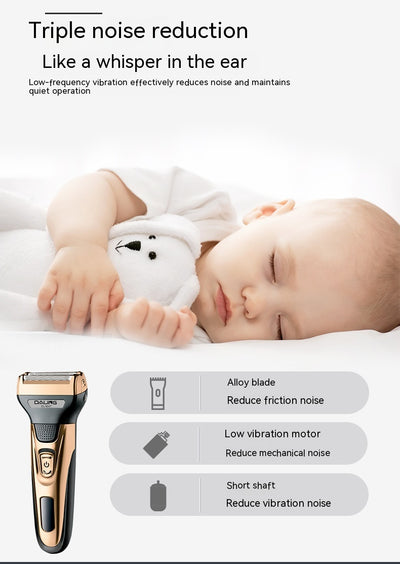 Gold and black three-in-one electric shaver with foil head, hair clipper, nose trimmer, and accessories. - Image 18