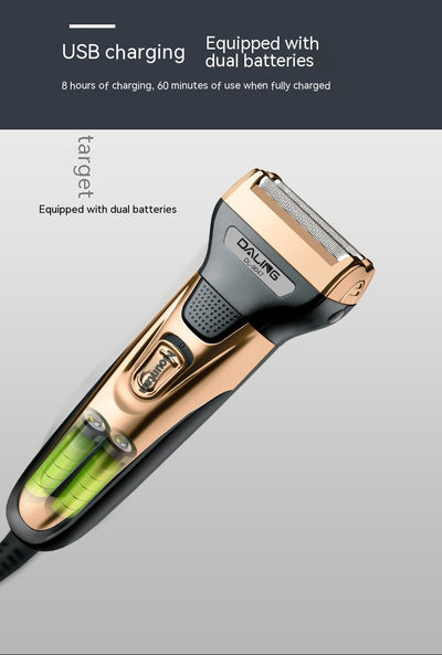Gold and black three-in-one electric shaver with foil head, hair clipper, nose trimmer, and accessories. - Image 21