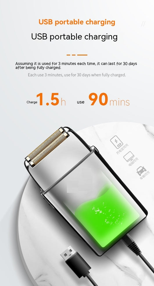 White and silver Kemei electric reciprocating shaver with gold foil head, cleaning brush, and USB charging cable. - Image 23