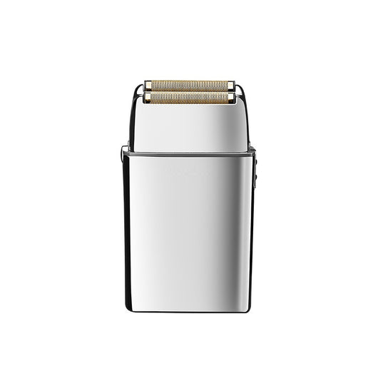 White and silver Kemei electric reciprocating shaver with gold foil head, cleaning brush, and USB charging cable. - Image 28