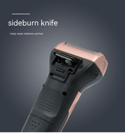Gold and black three-in-one electric shaver with foil head, hair clipper, nose trimmer, and accessories. - Image 27