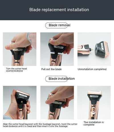 Gold and black three-in-one electric shaver with foil head, hair clipper, nose trimmer, and accessories. - Image 29