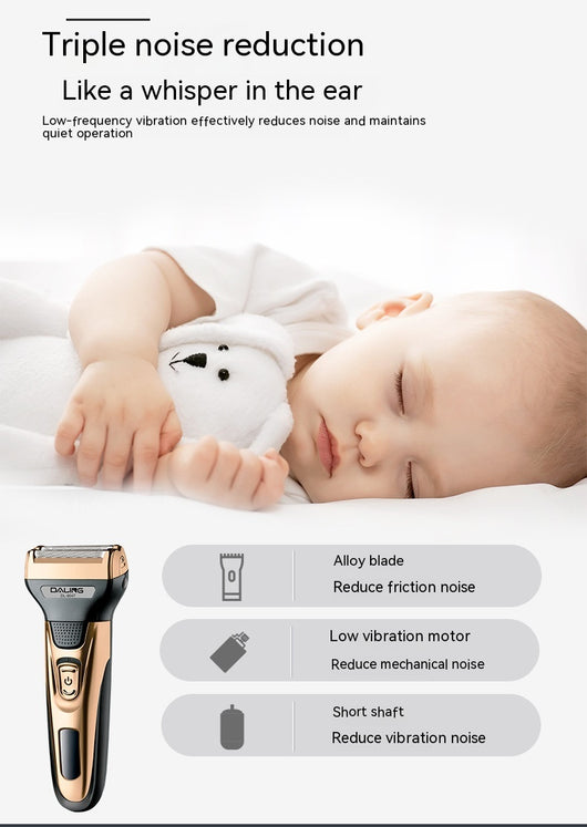 Gold and black three-in-one electric shaver with foil head, hair clipper, nose trimmer, and accessories. - Image 35