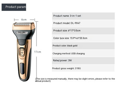 Gold and black three-in-one electric shaver with foil head, hair clipper, nose trimmer, and accessories. - Image 37