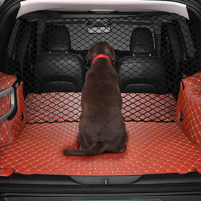 Black mesh dog protective net installed in a silver hatchback trunk, separating a golden retriever from the front seats. - Image 11
