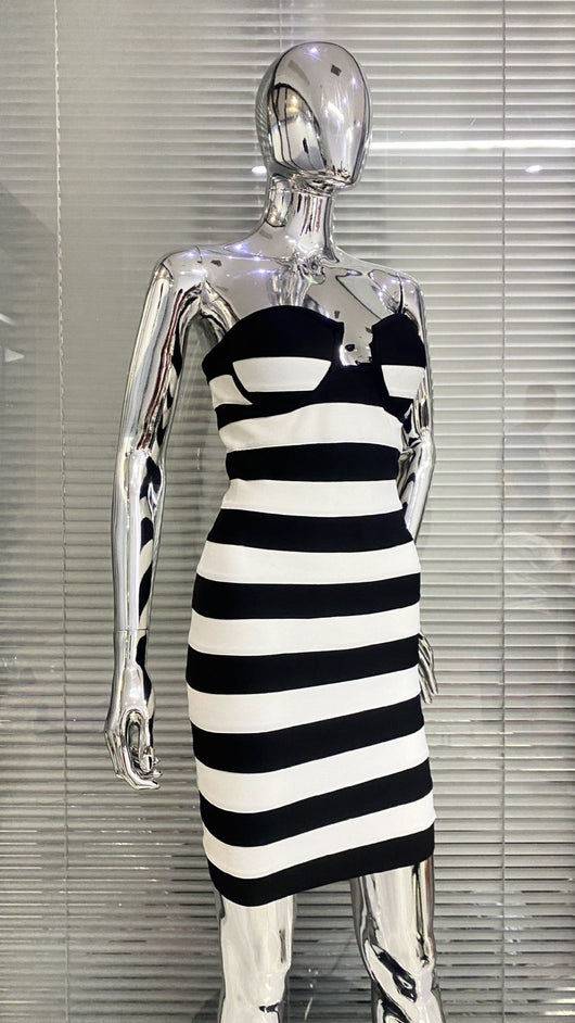 Vestido de Fiesta Rayas Blanco y Negro - Diseño Bandage Ajustado para Mujer - Image 22