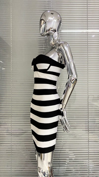 Vestido de Fiesta Rayas Blanco y Negro - Diseño Bandage Ajustado para Mujer - Image 28