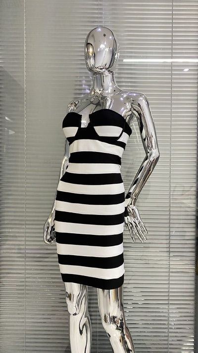 Vestido de Fiesta Rayas Blanco y Negro - Diseño Bandage Ajustado para Mujer - Image 29