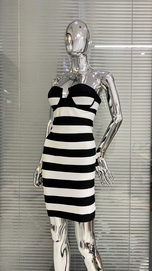 Vestido de Fiesta Rayas Blanco y Negro - Diseño Bandage Ajustado para Mujer - Image 29