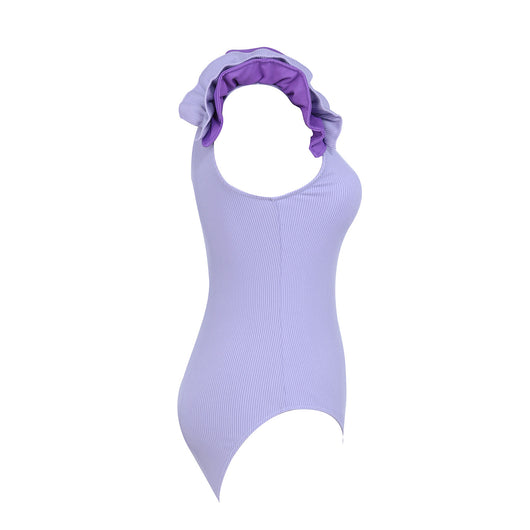 Black one-shoulder ribbed one-piece swimsuit with a ruffled blue and black strap, ideal for women's swimwear. - Image 54