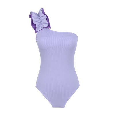 Black one-shoulder ribbed one-piece swimsuit with a ruffled blue and black strap, ideal for women's swimwear. - Image 59