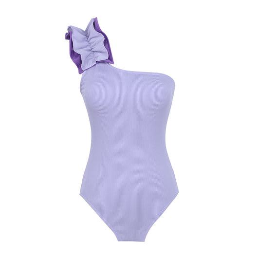 Black one-shoulder ribbed one-piece swimsuit with a ruffled blue and black strap, ideal for women's swimwear. - Image 59