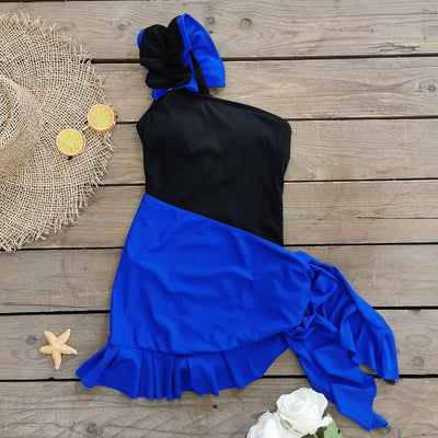 Black one-shoulder ribbed one-piece swimsuit with a ruffled blue and black strap, ideal for women's swimwear. - Image 65