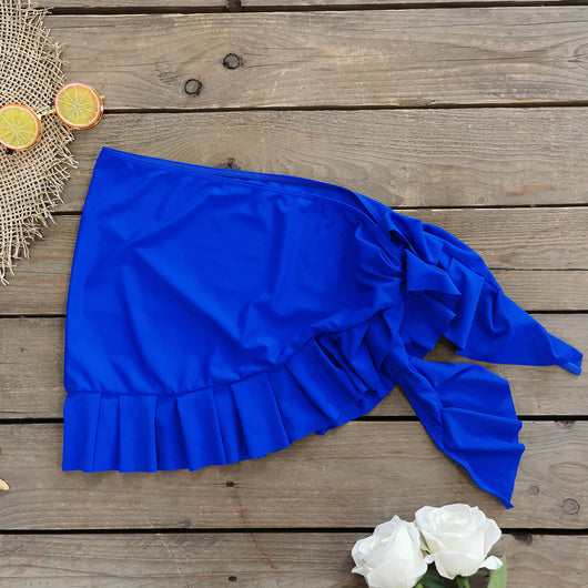Black one-shoulder ribbed one-piece swimsuit with a ruffled blue and black strap, ideal for women's swimwear. - Image 66