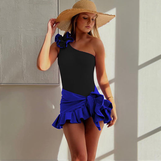 Black one-shoulder ribbed one-piece swimsuit with a ruffled blue and black strap, ideal for women's swimwear. - Image 71