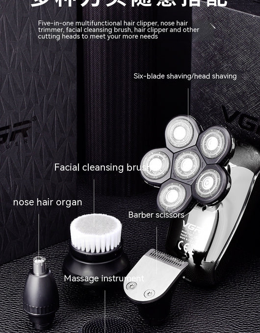Six-in-one men's electric shaver kit with digital display, multiple interchangeable heads, comb attachments, and charging cable. - Image 15