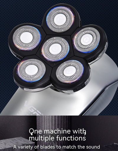 Six-in-one men's electric shaver kit with digital display, multiple interchangeable heads, comb attachments, and charging cable. - Image 20