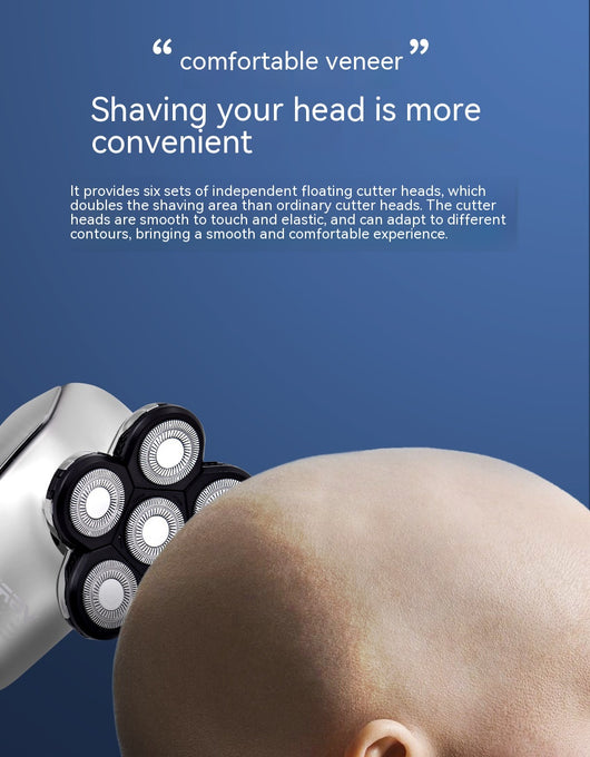 Six-in-one men's electric shaver kit with digital display, multiple interchangeable heads, comb attachments, and charging cable. - Image 21
