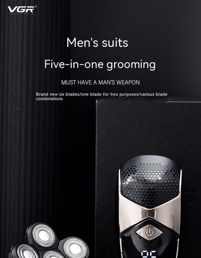 Six-in-one men's electric shaver kit with digital display, multiple interchangeable heads, comb attachments, and charging cable. - Image 24