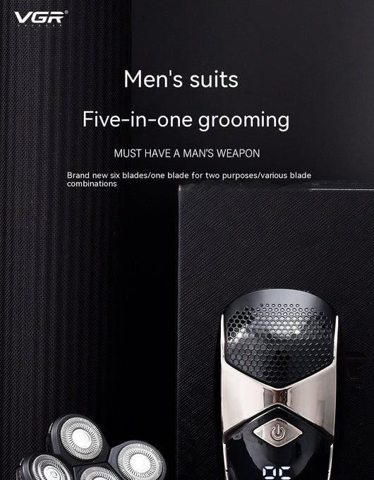 Six-in-one men's electric shaver kit with digital display, multiple interchangeable heads, comb attachments, and charging cable. - Image 24