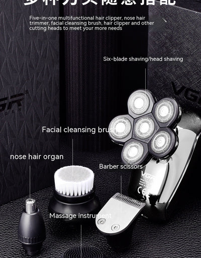 Six-in-one men's electric shaver kit with digital display, multiple interchangeable heads, comb attachments, and charging cable. - Image 25