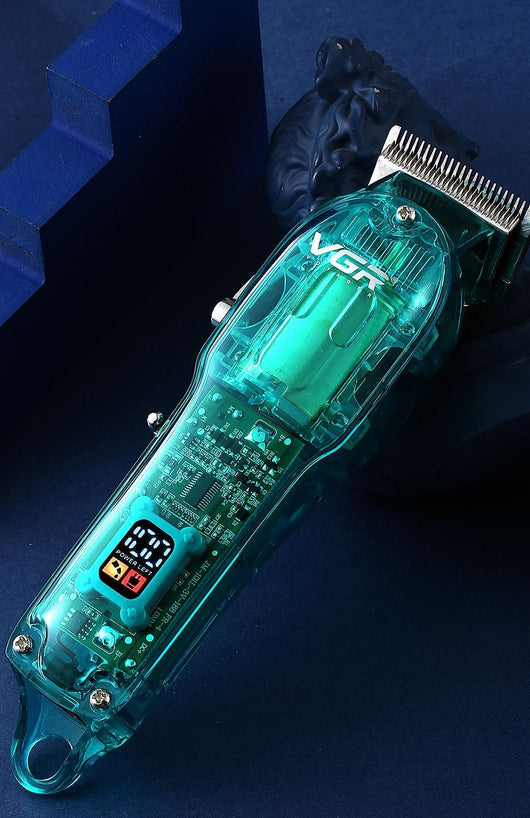 Transparent teal rechargeable hair clipper with digital display, four guide combs, cleaning brush, oil, and charging cable. - Image 15