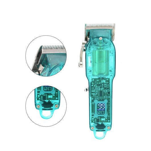 Transparent teal rechargeable hair clipper with digital display, four guide combs, cleaning brush, oil, and charging cable. - Image 18
