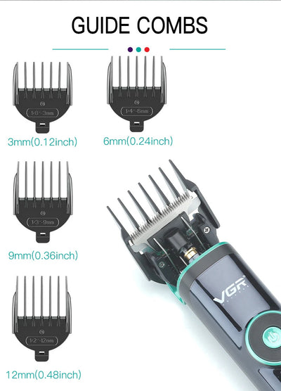 VGR V-671 professional hair clipper in dark green and black with charging base, digital display, and four guide combs. - Image 13