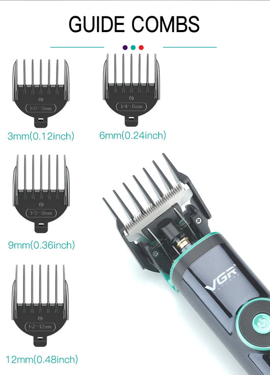 VGR V-671 professional hair clipper in dark green and black with charging base, digital display, and four guide combs. - Image 13