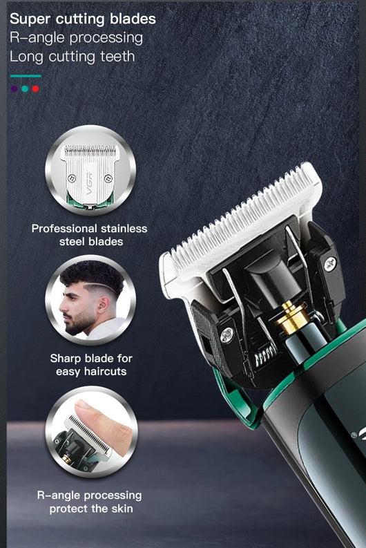 VGR V-671 professional hair clipper in dark green and black with charging base, digital display, and four guide combs. - Image 14