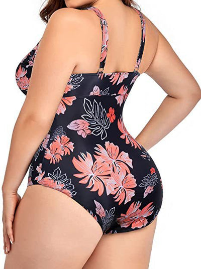 Women's plus size black one-piece swimsuit with a V-neckline and mesh fabric stitching details at the bust and waist. - Image 10