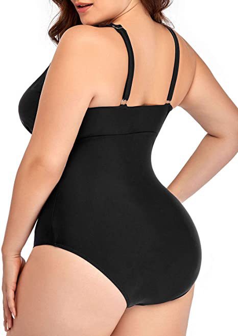 Women's plus size black one-piece swimsuit with a V-neckline and mesh fabric stitching details at the bust and waist. - Image 11