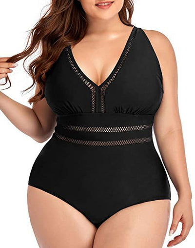 Women's plus size black one-piece swimsuit with a V-neckline and mesh fabric stitching details at the bust and waist. - Image 12
