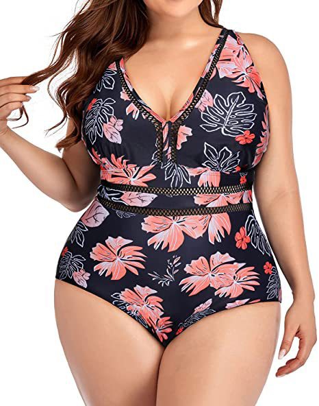 Women's plus size black one-piece swimsuit with a V-neckline and mesh fabric stitching details at the bust and waist. - Image 15
