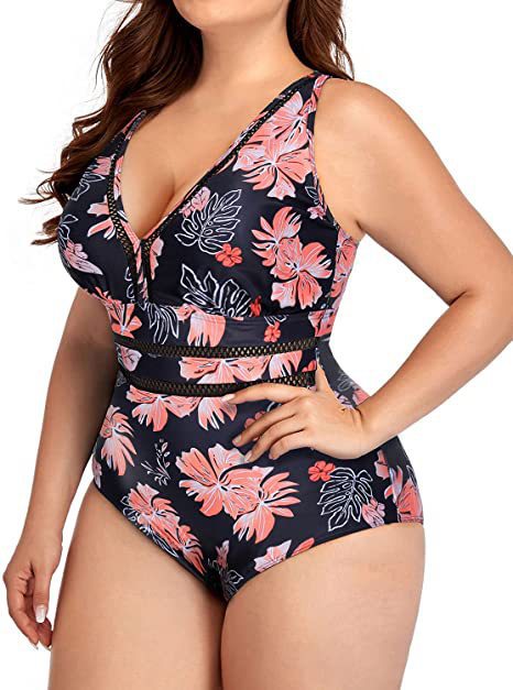 Women's plus size black one-piece swimsuit with a V-neckline and mesh fabric stitching details at the bust and waist. - Image 16