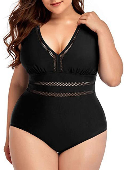 Women's plus size black one-piece swimsuit with a V-neckline and mesh fabric stitching details at the bust and waist. - Image 17