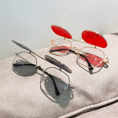 Gold frame flip-up sunglasses with brown lenses, featuring a double-layer design and black temple tips. - Image 12