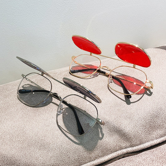 Gold frame flip-up sunglasses with brown lenses, featuring a double-layer design and black temple tips. - Image 12