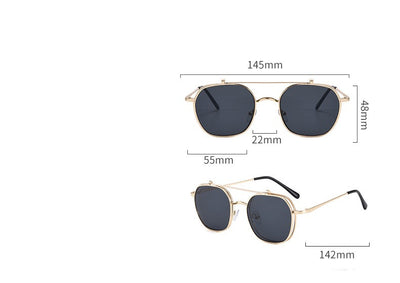 Gold frame flip-up sunglasses with brown lenses, featuring a double-layer design and black temple tips. - Image 14