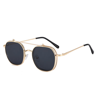 Gold frame flip-up sunglasses with brown lenses, featuring a double-layer design and black temple tips. - Image 15