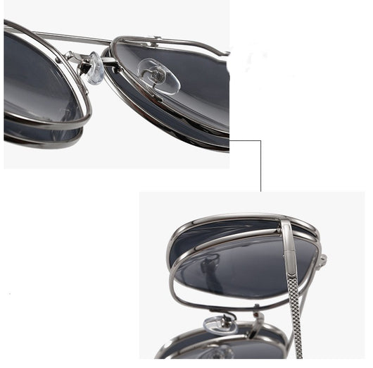 Gold frame flip-up sunglasses with brown lenses, featuring a double-layer design and black temple tips. - Image 18