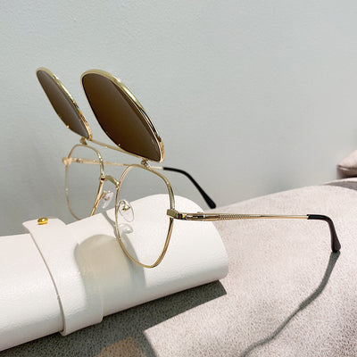 Gold frame flip-up sunglasses with brown lenses, featuring a double-layer design and black temple tips. - Image 19