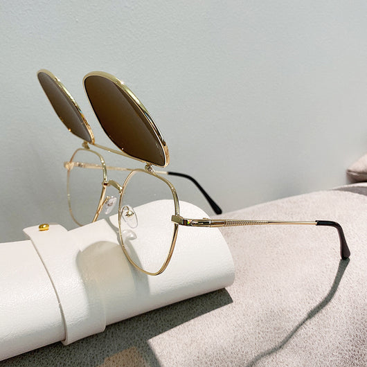 Gold frame flip-up sunglasses with brown lenses, featuring a double-layer design and black temple tips. - Image 19