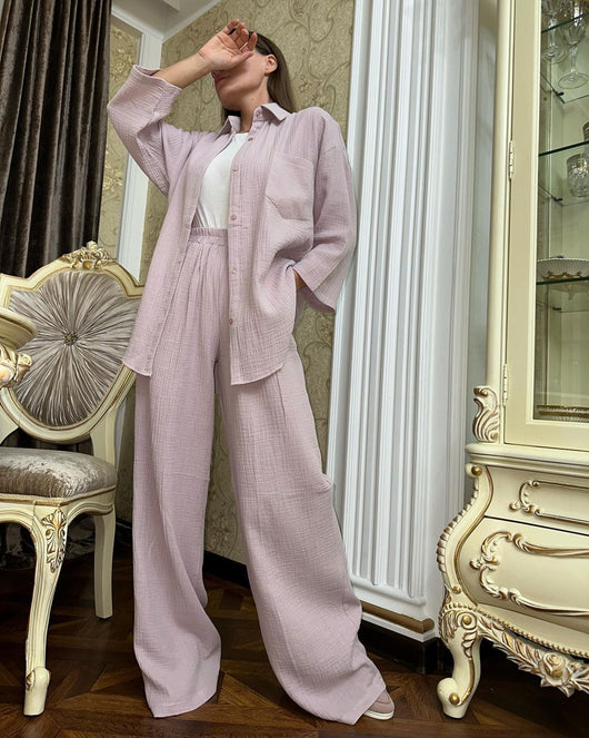 Conjunto Elegante de Camisa Holgada con Cordones y Pantalón Ancho - Image 31