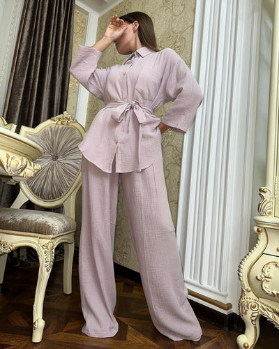 Conjunto Elegante de Camisa Holgada con Cordones y Pantalón Ancho - Image 32